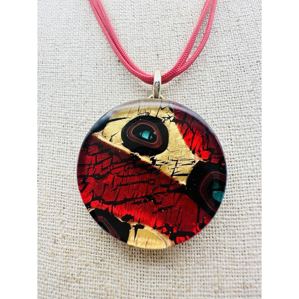 Murano Glass Charm Pendant Necklace Red, Black, Gold 20”